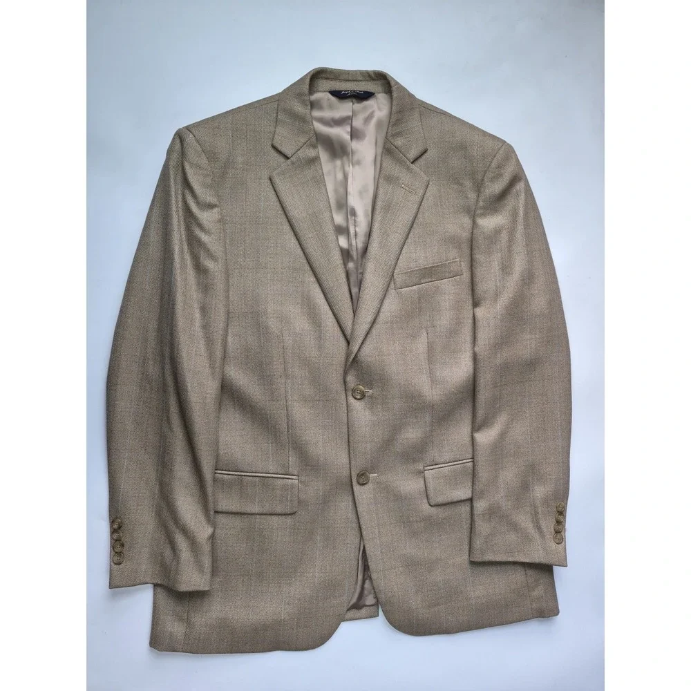 Joseph & Feiss Mens Wool Sports Coat 40R Beige Herringbone 2 Button H602